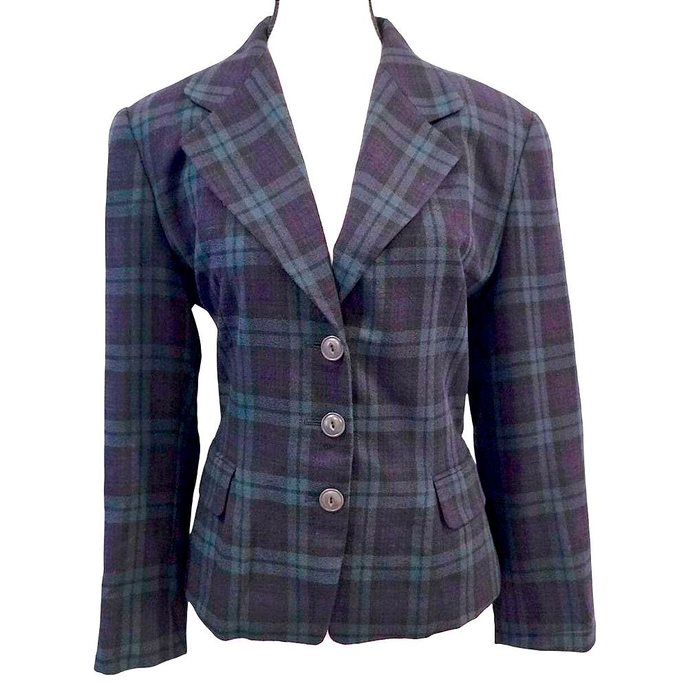 Vintage 90s Linda Allard Ellen Tracy Tartan Knit Wool Blazer Size 10 Korea